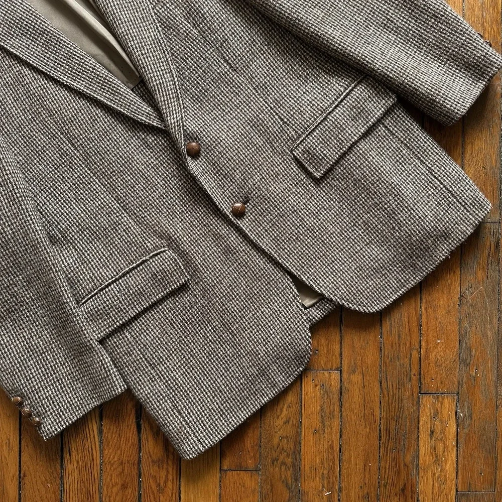 Vtg Harris Tweed Blazer Sport Coat Jacket Ivy Hunting Country Beige Brown L‎ 44